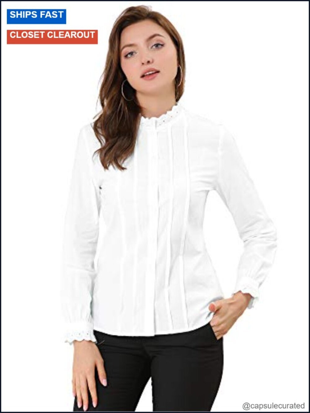 Mock Neck Ruffle Blouse Long Sleeve Button Up Cotton Pleated Work Office Top